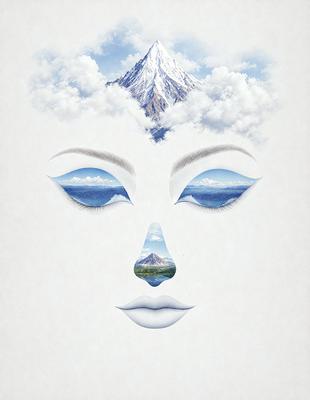The primary subject of the image is a woman's face, which is depicted in a white and blue color scheme. The setting is a cloudy sky, and the visual style is a combination of digital art and illustration. The woman's face is surrounded by a mountain landscape, which adds a sense of depth and dimension to the image. The overall atmosphere is serene and peaceful, with the woman's eyes closed, suggesting a moment of relaxation or contemplation.